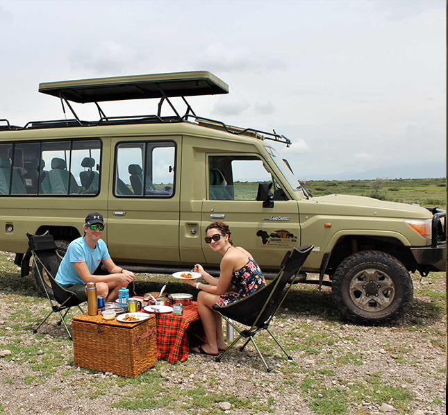 A group of happy guests on safari by the Tanzania Safari Bug vehicle.